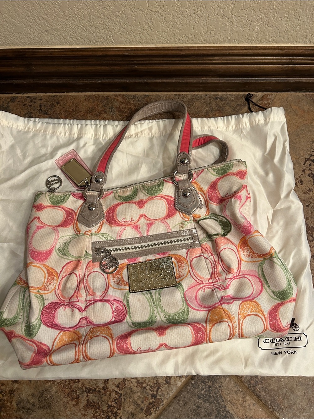 Coach Multicolor Signature Tote with Pink, Green & Orange Accents